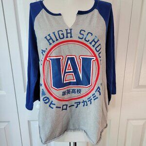MY HERO ACADEMIA U.A. High V-Neck Raglan Gray Blue Baseball Shirt sz XL Anime